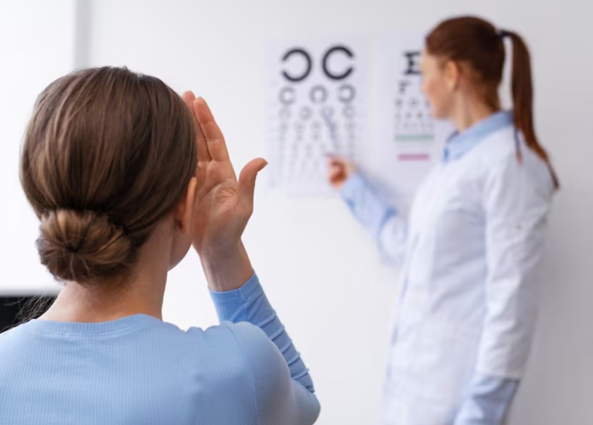 시력좋아지는법을 실천한 다음 다시 시력을 재는 모습